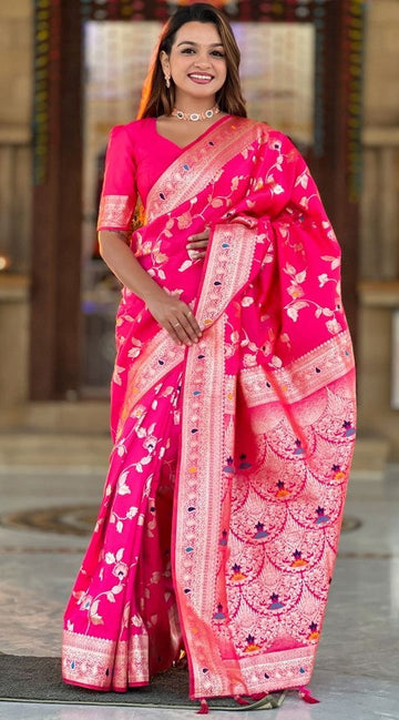 Lovely Pink Color Banarasi Fabric Partywear Saree