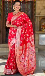 Lovely Red Color Banarasi Fabric Partywear Saree