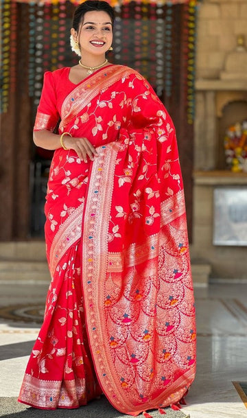 Lovely Red Color Banarasi Fabric Partywear Saree
