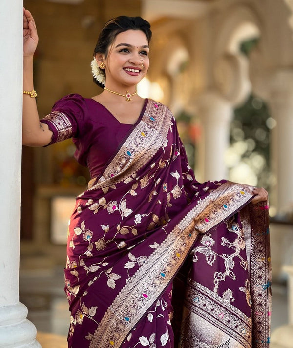Lovely Voilet Color Banarasi Fabric Partywear Saree