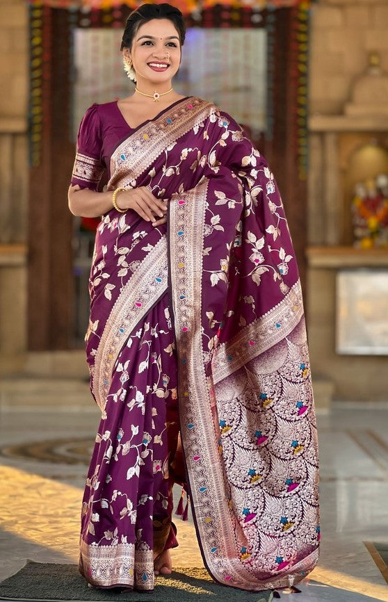 Lovely Voilet Color Banarasi Fabric Partywear Saree