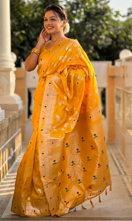 Lovely Yellow Color Banarasi Fabric Partywear Saree