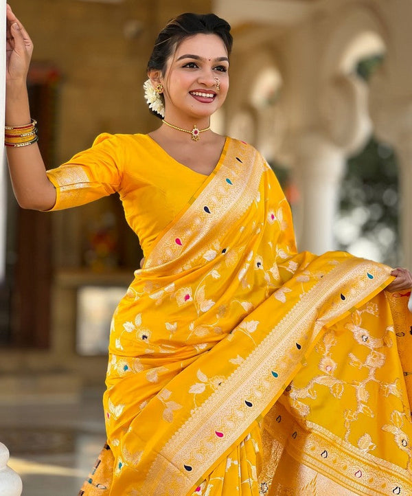 Lovely Yellow Color Banarasi Fabric Partywear Saree
