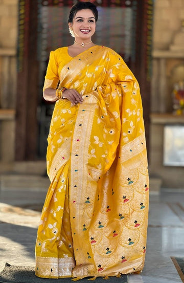 Lovely Yellow Color Banarasi Fabric Partywear Saree