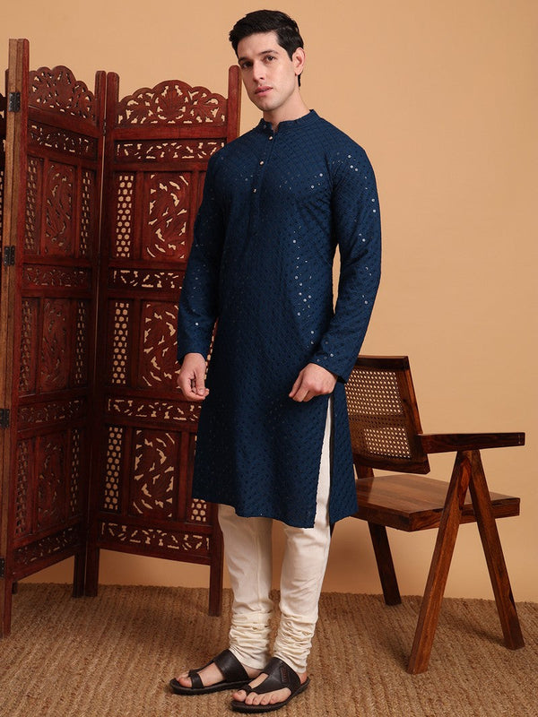 Amazing Navy Blue Color Rayon Fabric Kurta Pajama
