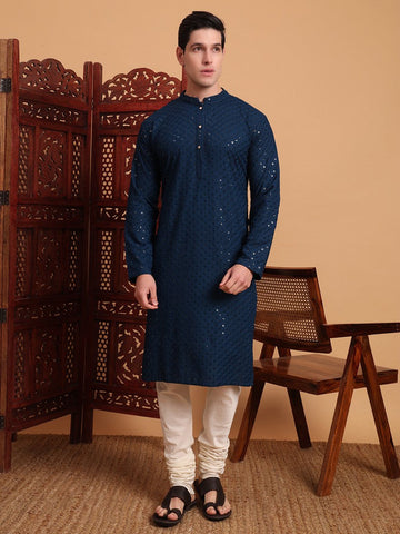 Amazing Navy Blue Color Rayon Fabric Kurta Pajama