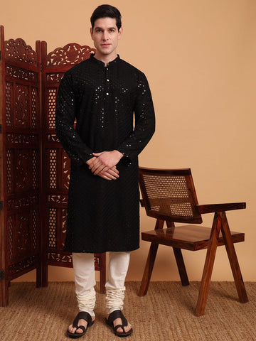 Amazing Black Color Rayon Fabric Kurta Pajama