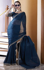 Dazzling Teal Color Chiffon Fabric Designer Saree