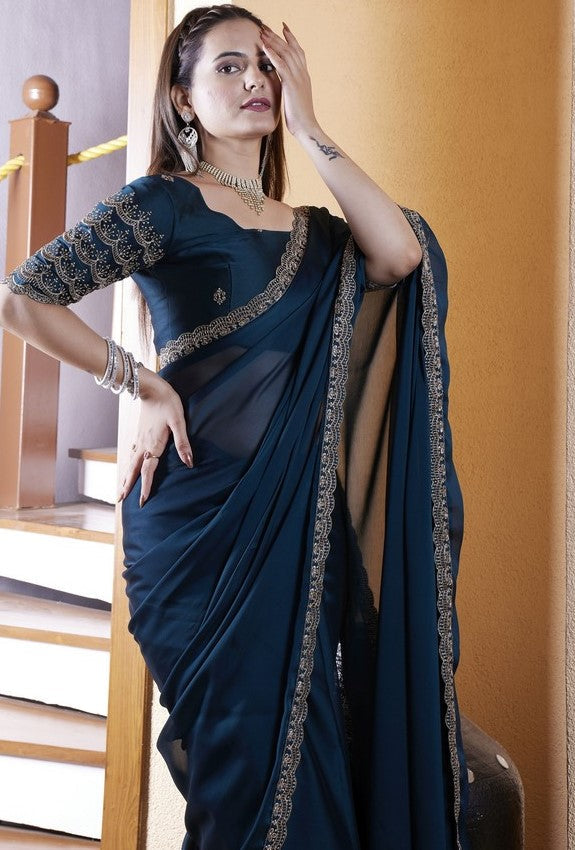 Dazzling Teal Color Chiffon Fabric Designer Saree
