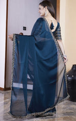 Dazzling Teal Color Chiffon Fabric Designer Saree
