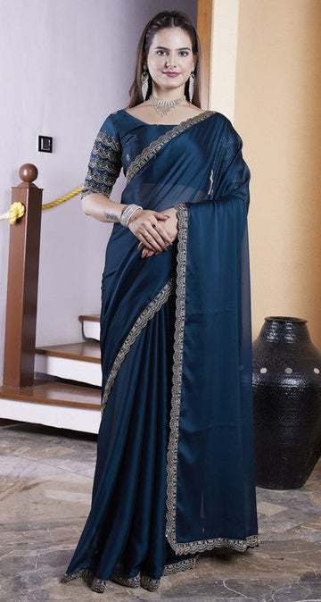 Dazzling Teal Color Chiffon Fabric Designer Saree