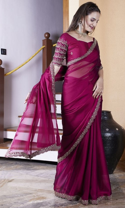 Dazzling Maroon Color Chiffon Fabric Designer Saree