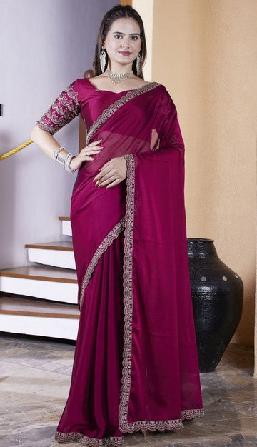 Dazzling Maroon Color Chiffon Fabric Designer Saree