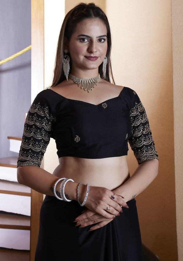 Dazzling Black Color Chiffon Fabric Designer Saree