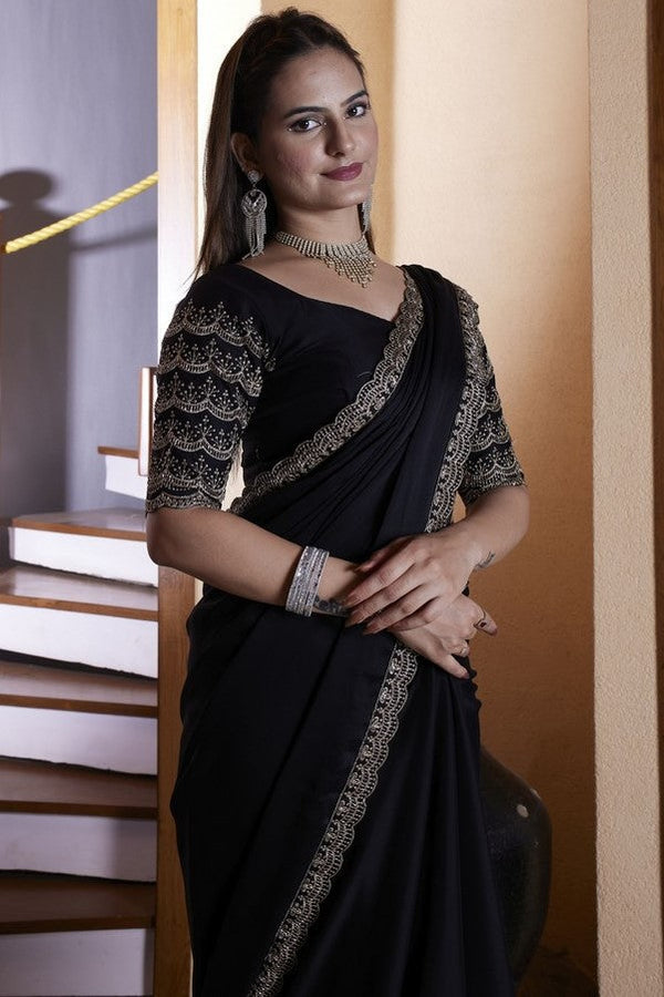 Dazzling Black Color Chiffon Fabric Designer Saree
