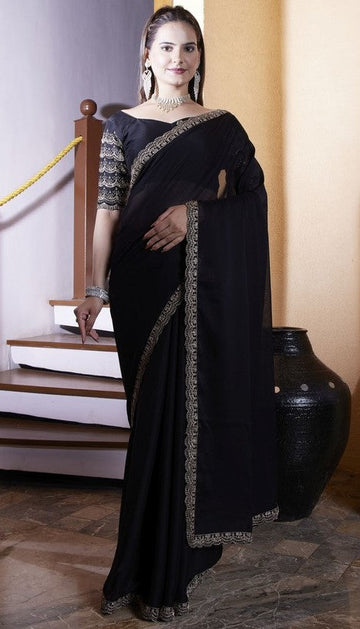 Dazzling Black Color Chiffon Fabric Designer Saree