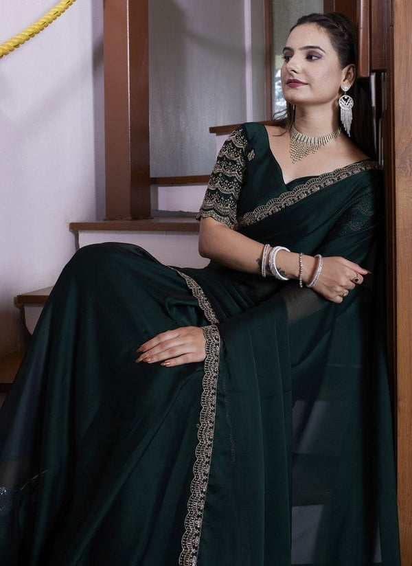 Dazzling Green Color Chiffon Fabric Designer Saree