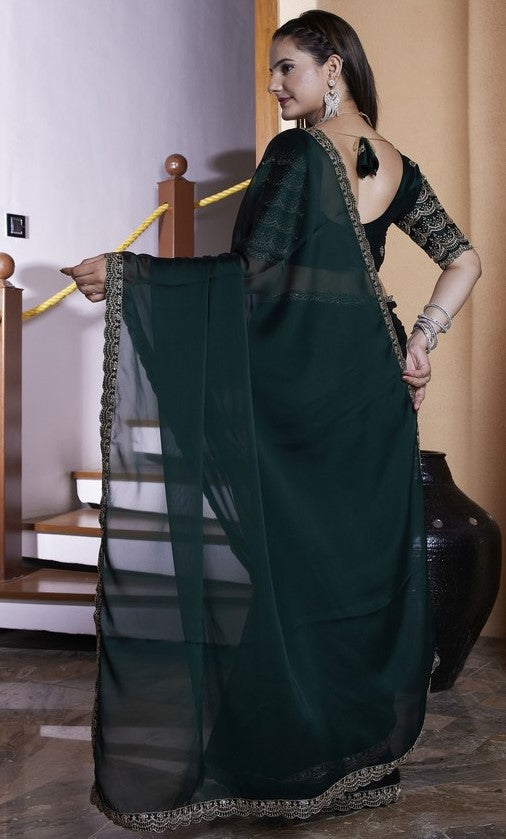 Dazzling Green Color Chiffon Fabric Designer Saree