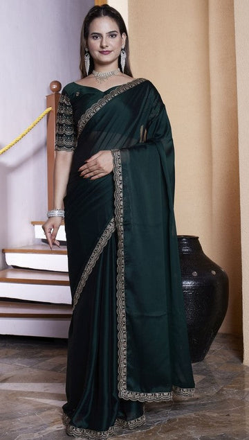 Dazzling Green Color Chiffon Fabric Designer Saree