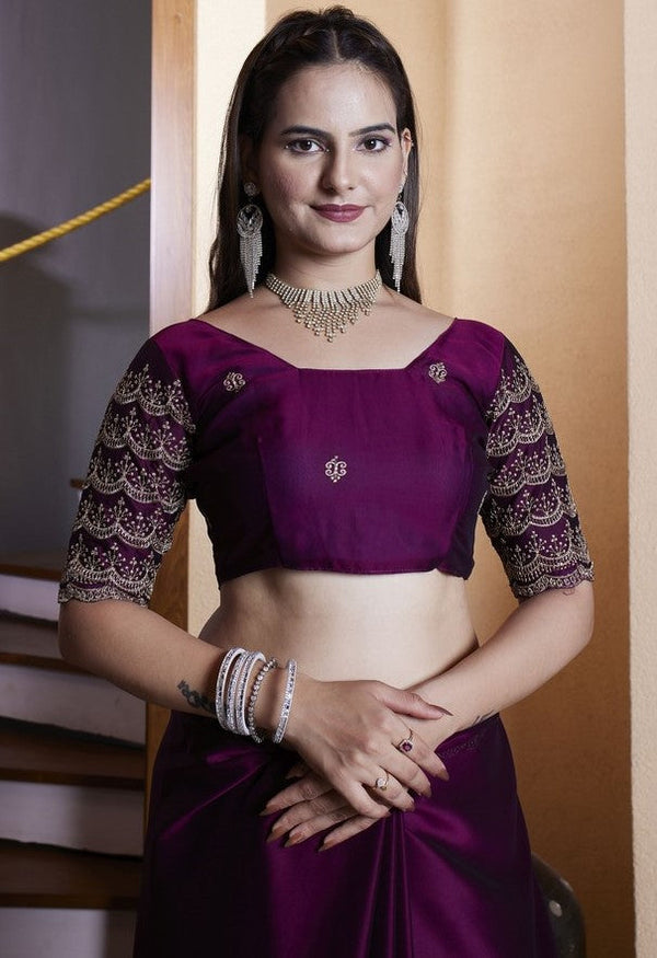 Dazzling Voilet Color Chiffon Fabric Designer Saree