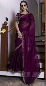 Dazzling Voilet Color Chiffon Fabric Designer Saree