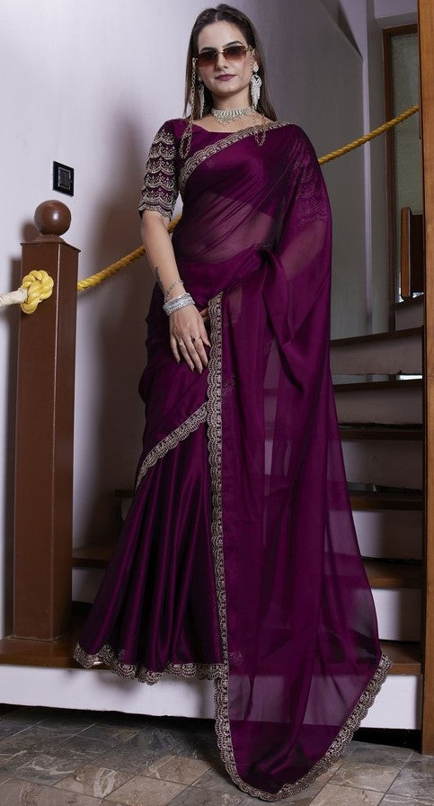 Dazzling Voilet Color Chiffon Fabric Designer Saree