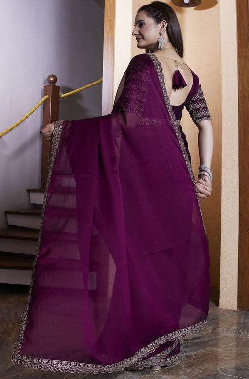 Dazzling Voilet Color Chiffon Fabric Designer Saree