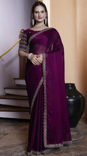 Dazzling Voilet Color Chiffon Fabric Designer Saree