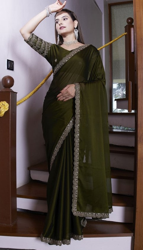 Dazzling Green Color Chiffon Fabric Designer Saree