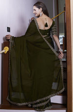 Dazzling Green Color Chiffon Fabric Designer Saree