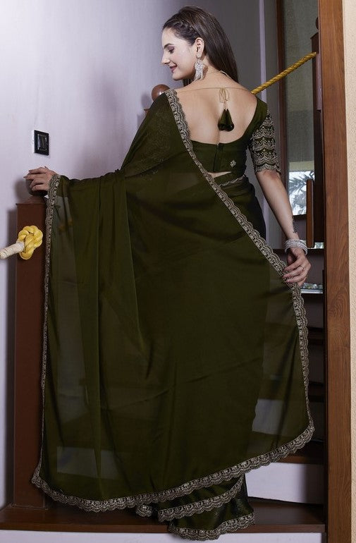 Dazzling Green Color Chiffon Fabric Designer Saree