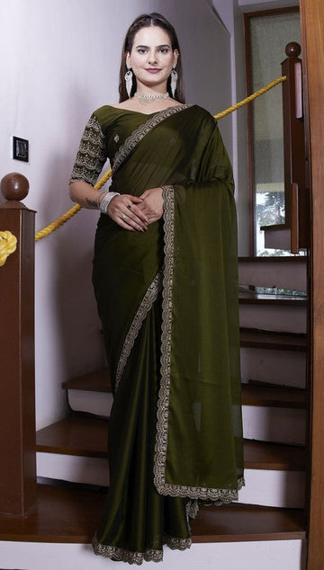 Dazzling Green Color Chiffon Fabric Designer Saree