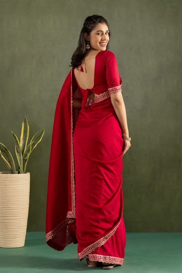 Amazing Red Color Chiffon Fabric Partywear Saree