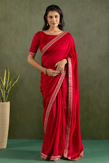 Amazing Red Color Chiffon Fabric Partywear Saree