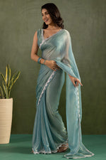 Amazing Aqua Color Chiffon Fabric Partywear Saree