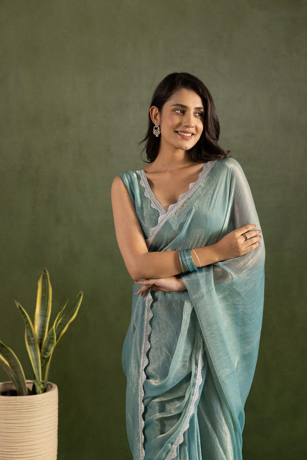 Amazing Aqua Color Chiffon Fabric Partywear Saree