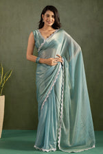 Amazing Aqua Color Chiffon Fabric Partywear Saree