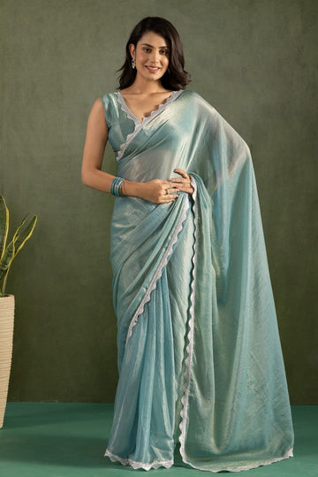 Amazing Aqua Color Chiffon Fabric Partywear Saree