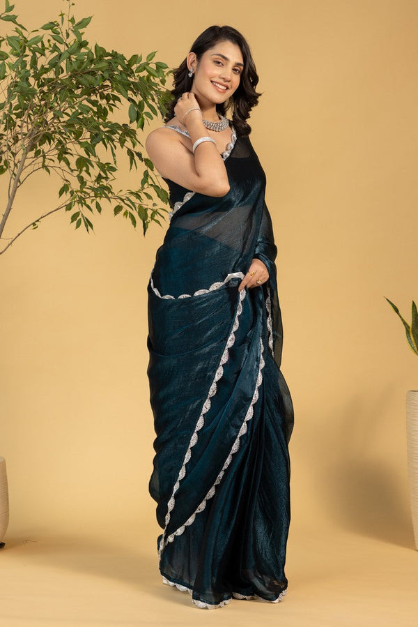 Amazing Teal Color Chiffon Fabric Partywear Saree