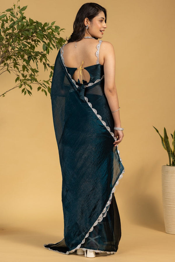 Amazing Teal Color Chiffon Fabric Partywear Saree