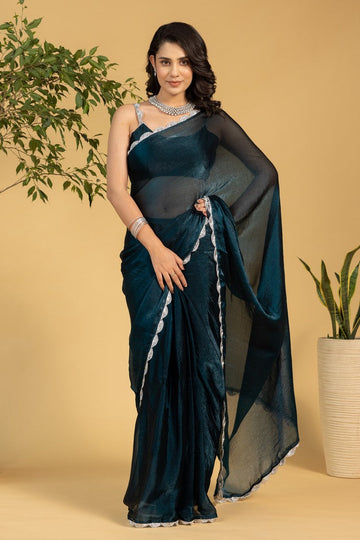Amazing Teal Color Chiffon Fabric Partywear Saree
