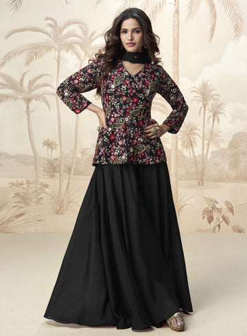 Dazzling Black Color Chinon Fabric Plazzo Suit