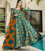 Beautiful Teal Color Silk Fabric Gown with Dupatta