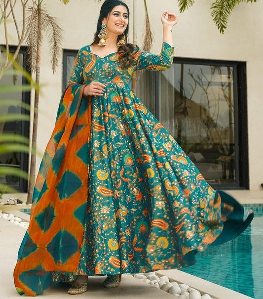 Beautiful Teal Color Silk Fabric Gown with Dupatta