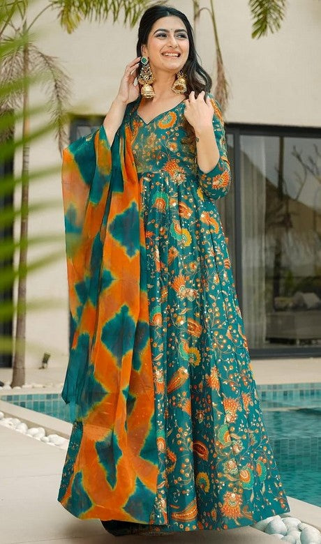 Beautiful Teal Color Silk Fabric Gown with Dupatta