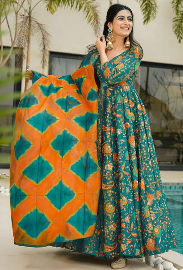 Beautiful Teal Color Silk Fabric Gown with Dupatta