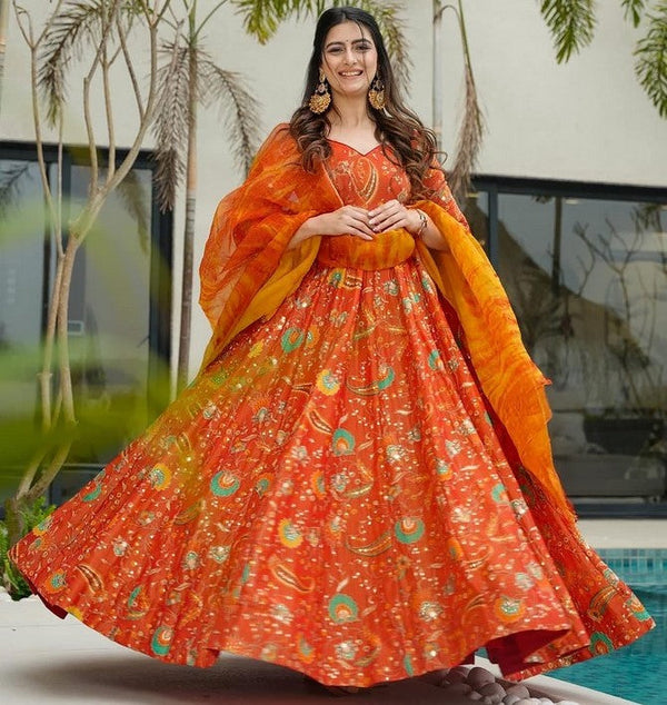 Beautiful Orange Color Silk Fabric Gown with Dupatta