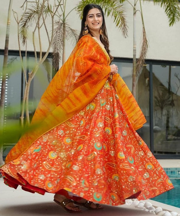 Beautiful Orange Color Silk Fabric Gown with Dupatta
