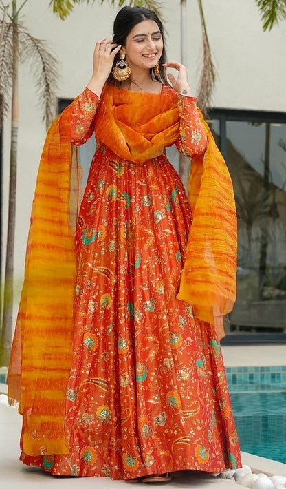 Beautiful Orange Color Silk Fabric Gown with Dupatta