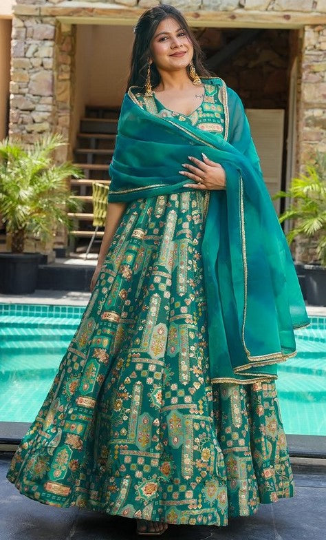 Beautiful Teal Color Silk Fabric Gown with Dupatta